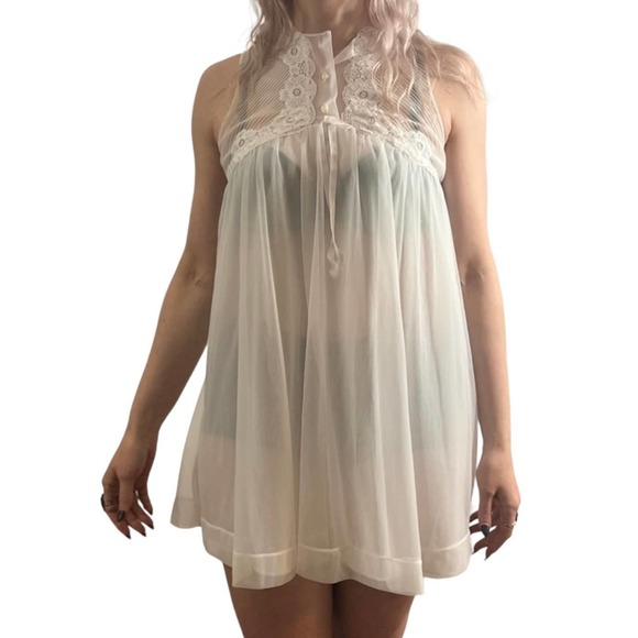1960’s Mod Sheer White Peignoir Set Robe & Chemise, Small, Vintage Mid Century - Picture 5 of 8